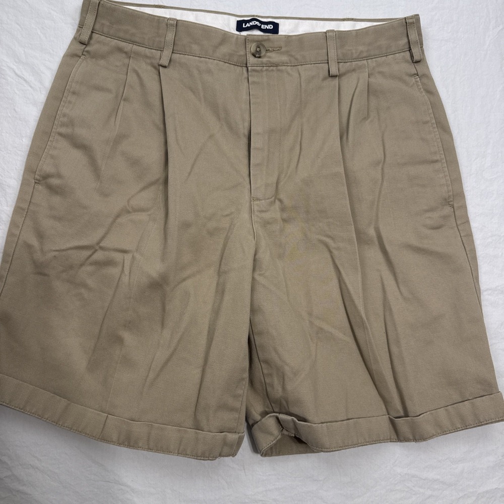 Lands End Chino Shorts Mens 32 Ivy Pleated Cotton Blend Classic Khaki Tan